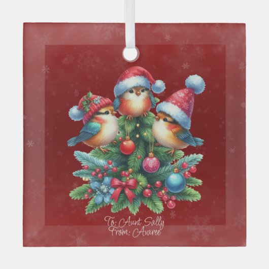 Drie zangvogels in rode Petten Glas Ornament (Voorkant)