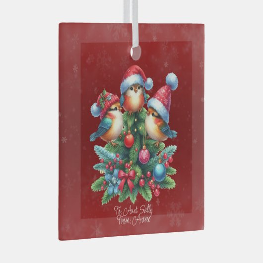 Drie zangvogels in rode Petten Glas Ornament (Voorkant Rechts)