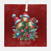 Drie zangvogels in rode Petten Glas Ornament (Achterkant)