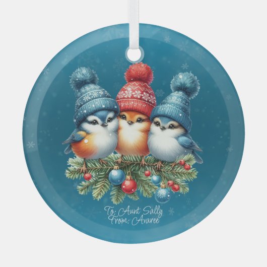 Drie zangvogels in roodblauwe Petten Glas Ornament (Voorkant)