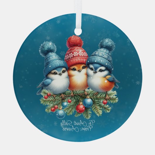 Drie zangvogels in roodblauwe Petten Glas Ornament (Achterkant)