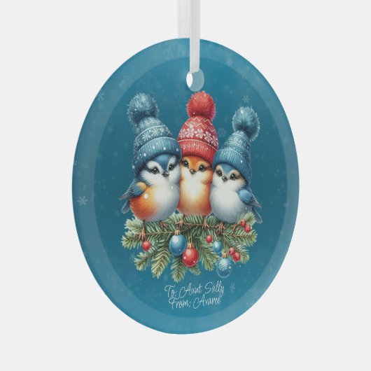 Drie zangvogels in roodblauwe Petten Glas Ornament (Voorkant Rechts)