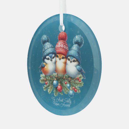 Drie zangvogels in roodblauwe Petten Glas Ornament (Voorkant links)