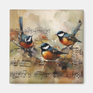 Drie zangvogels op bladmuziek aquarelschildering magneet
