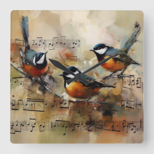 Drie zangvogels op bladmuziek aquarelschildering vierkante klok