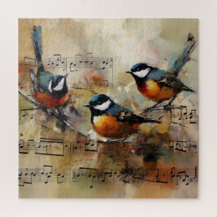 Drie zangvogels op bladmuziek waterverfschilderij legpuzzel