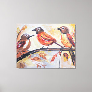 Drie Zangvogels op Tak Volks Kunst Canvas Afdruk