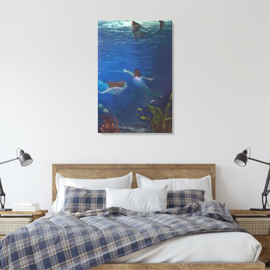 Drie zeemeerminnen zwemmen onder water canvas afdruk (Insitu (Slaapkamer))