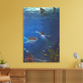 Drie zeemeerminnen zwemmen onder water canvas afdruk (Insitu (Woonkamer))