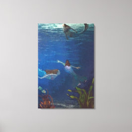 Drie zeemeerminnen zwemmen onder water canvas afdruk