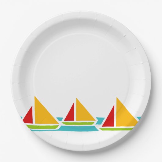 Drie zeilboten in heldere kleuren papieren bordje (Voorkant)