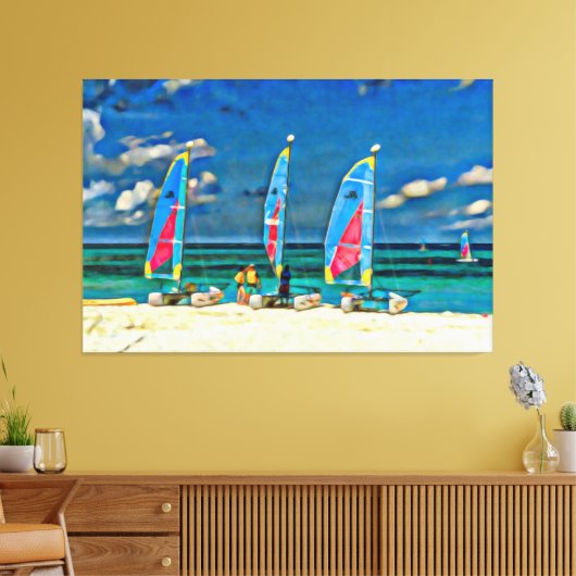 Drie zeilboten op de strand tropische strand scène canvas afdruk (Insitu (Woonkamer))