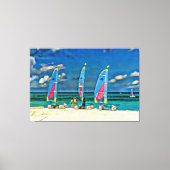 Drie zeilboten op de strand tropische strand scène canvas afdruk (Voorkant)