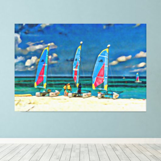 Drie zeilboten op de strand tropische strand scène canvas afdruk (Insitu (Houten vloer))
