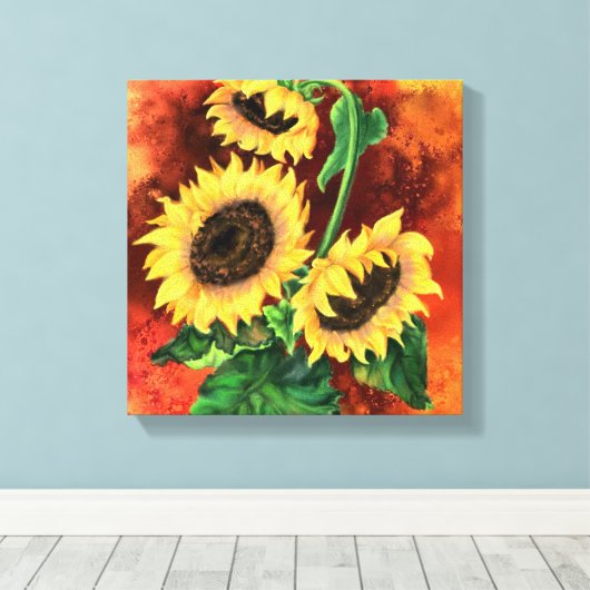 Drie Zonnebloemen Canvas Afdruk (Insitu (Houten vloer))