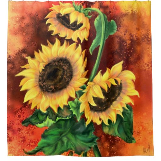Drie Zonnebloemen Douchegordijn Schilderij (Voorkant)