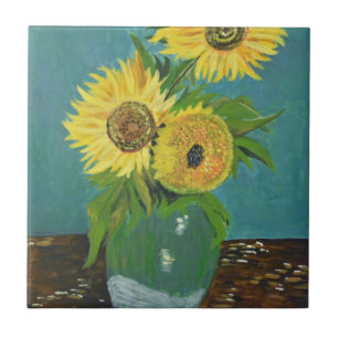 Drie zonnebloemen in een vaas, van Gogh Tegeltje