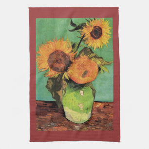 Drie zonnebloemen in een Vaas van Van Gogh Theedoek