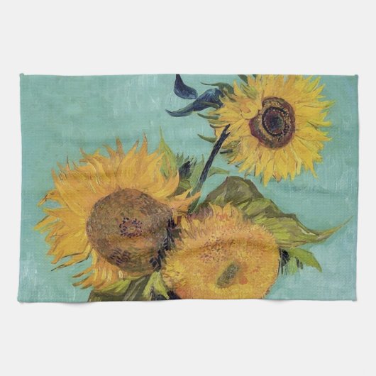 Drie zonnebloemen in een Vase(F453) Van Gogh Fine  Theedoek (Horizontaal)