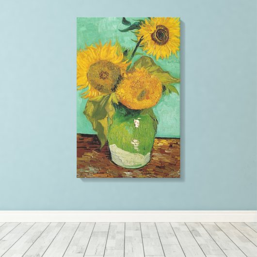 Drie zonnebloemen in een Vase, Vincent van Gogh. Canvas Afdruk (Insitu (Houten vloer))