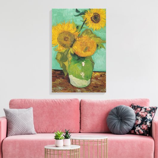 Drie zonnebloemen in een Vase, Vincent van Gogh. Canvas Afdruk (Insitu (Woonkamer))