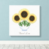 Drie Zonnebloemen met hartbladeren in een Vase Canvas Afdruk (Insitu (Houten vloer))