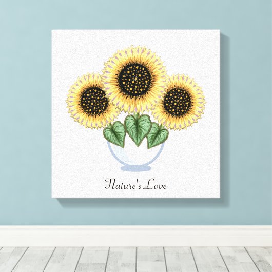 Drie Zonnebloemen met hartbladeren in een Vase Canvas Afdruk (Insitu (Houten vloer))