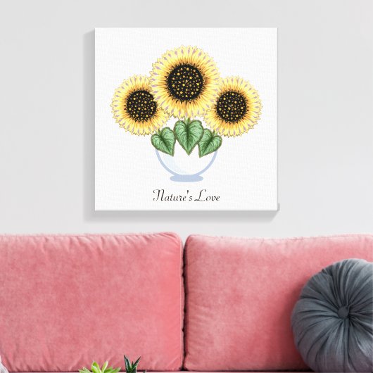 Drie Zonnebloemen met hartbladeren in een Vase Canvas Afdruk (Insitu (Woonkamer))