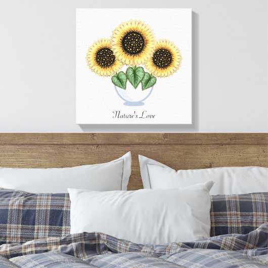 Drie Zonnebloemen met hartbladeren in een Vase Canvas Afdruk (Insitu (Slaapkamer))