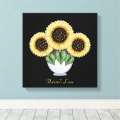 Drie Zonnebloemen met hartbladeren in een Vase Canvas Afdruk (Insitu (Houten vloer))