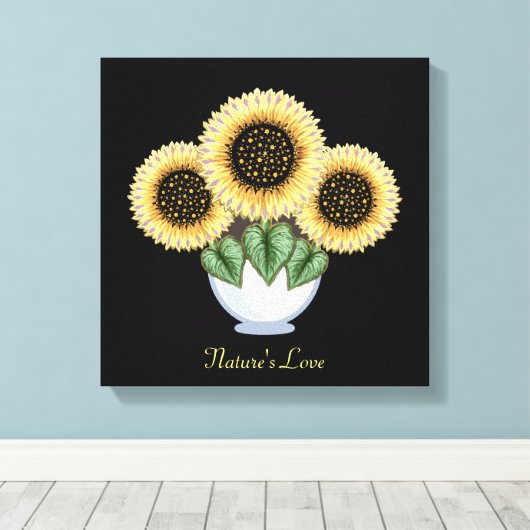 Drie Zonnebloemen met hartbladeren in een Vase Canvas Afdruk (Insitu (Houten vloer))