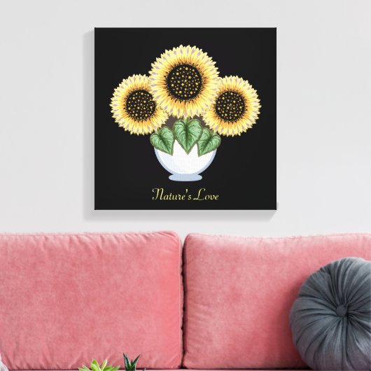 Drie Zonnebloemen met hartbladeren in een Vase Canvas Afdruk (Insitu (Woonkamer))