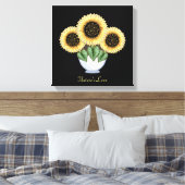 Drie Zonnebloemen met hartbladeren in een Vase Canvas Afdruk (Insitu (Slaapkamer))