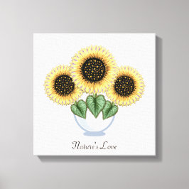 Drie zonnebloemen met hartvormige bladeren in een  canvas afdruk