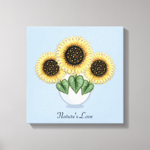 Drie zonnebloemen met hartvormige bladeren in een  canvas afdruk