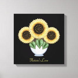 Drie zonnebloemen met hartvormige bladeren in een  canvas afdruk