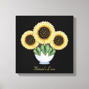 Drie zonnebloemen met hartvormige bladeren in een  canvas afdruk