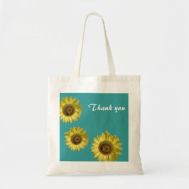 Drie zonnebloemen op blauwgroen achtergrond bedank tote bag