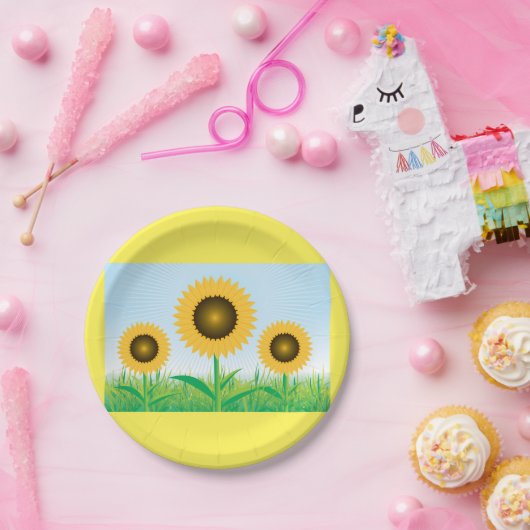 Drie zonnebloemen papieren bordje (Feest)