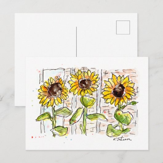 Drie Zonnebloemen Waterverf Briefkaart (Voorkant / Achterkant)