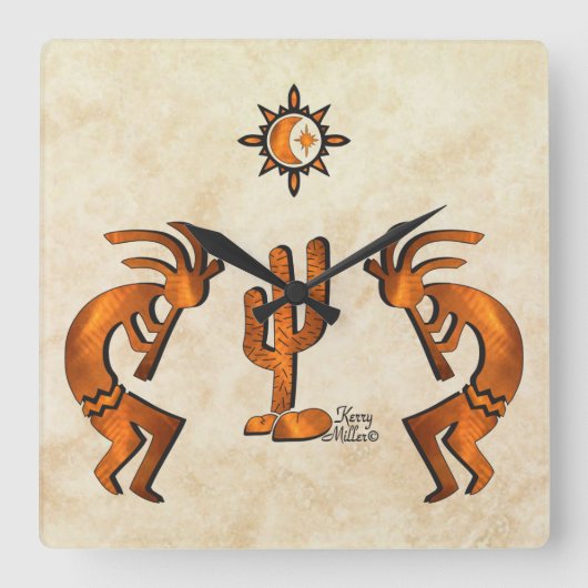 Drie Zuidwest Kokopelli Square Wall klok (Voorkant)