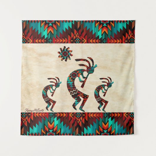 Drie Zuidwest Kokopelli Tapestry Wandkleed (Voorkant)