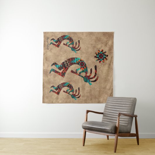 Drie Zuidwest Kokopelli Tapestry Wandkleed (In Situ (horizontaal))