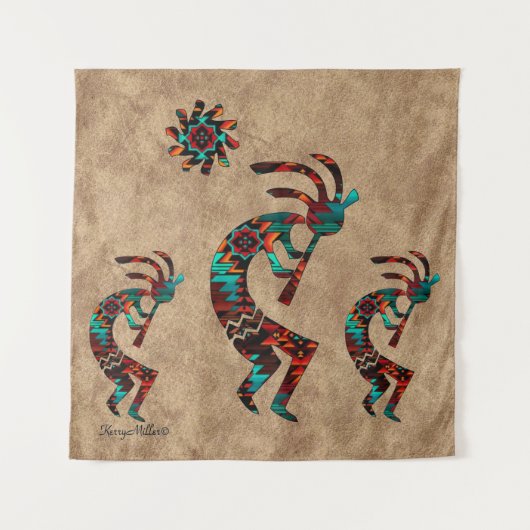 Drie Zuidwest Kokopelli Tapestry Wandkleed (Voorkant)