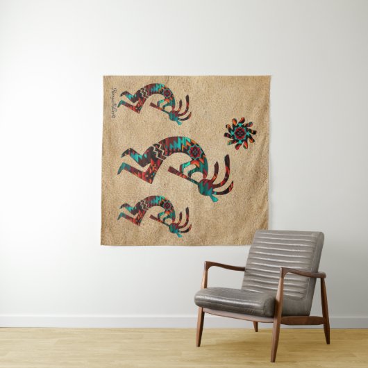 Drie Zuidwest Kokopelli Tapestry Wandkleed (In Situ (horizontaal))