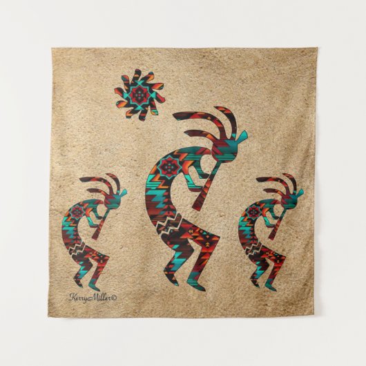 Drie Zuidwest Kokopelli Tapestry Wandkleed (Voorkant)