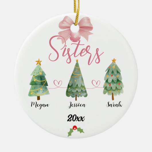 Drie zusters kerstboom met aangepaste namen keramisch ornament (Voorkant)