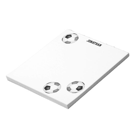 Drie zwart grijze voetballen gepersonaliseerd notitieblok (Linkerzijde)