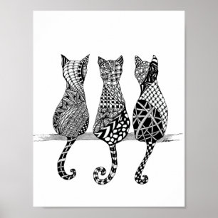 Drie zwarte en witte katten afdrukken poster