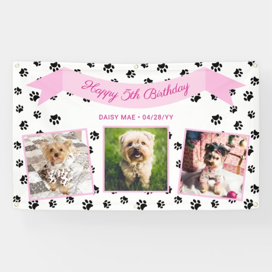 Drie zwarte foto's afdrukken Roze Pet Birthday Spandoek (Horizontaal)